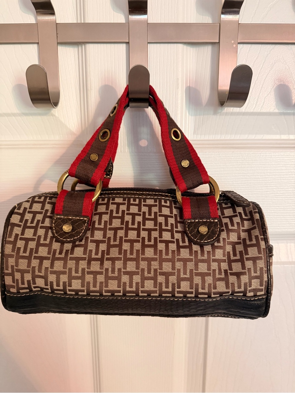 Y2K Vintage Tommy Hilfiger Brown Monogram Barrel Bag with Red-Accented Straps